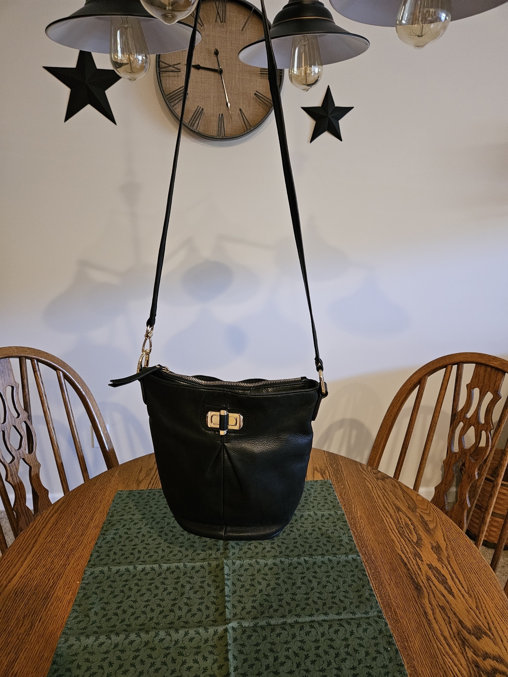B.Makowsky Soft Black Leather Bucket Crossbody/Shoulder Bag With Gold Hardware
